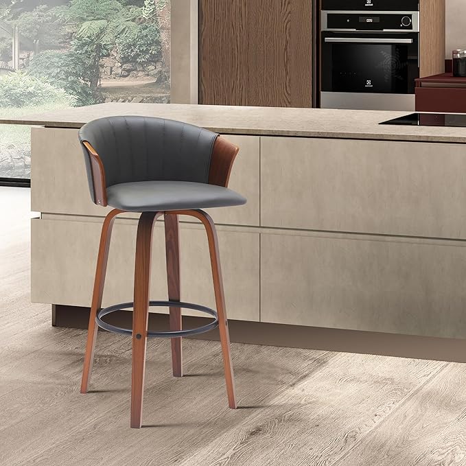 Armen Living Diana 26" Seat Height Mid Century Modern Swivel Walnut Wood Bar Stool for Kitchen Island Counter in Gray Faux Leather