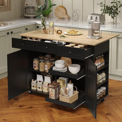 GarveeHome Rolling Kitchen Island with Drop Leaf Countertop, Charging Station & Ample Storage - 47.2 in Mobile Kitchen Cart On Wheels with Pull-Out Shelves, Drawers, Spice Rack & Organizer Divider