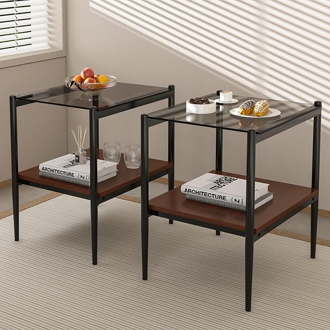 Set of 2 Glass End Table, 2-Layer Glass Living Room Table, Modern Tea Table Side Tables for Home Office Furniture