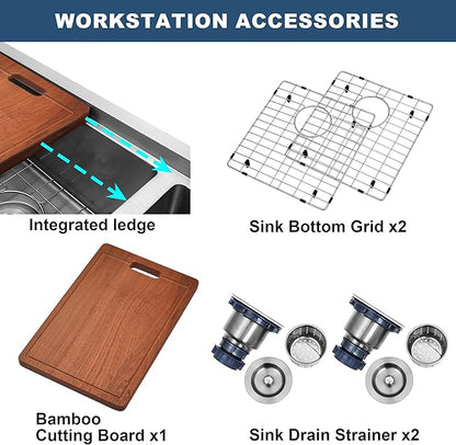 33 Inch Farmhouse Sink for Kitchen, 16 Gauge Stainless Steel Farmhouse Sink Undermount Double Bowl, 50/50 Apron Front Farm Sink, 33"x20"x10" Large Deep Kitchen Sink with Accessories