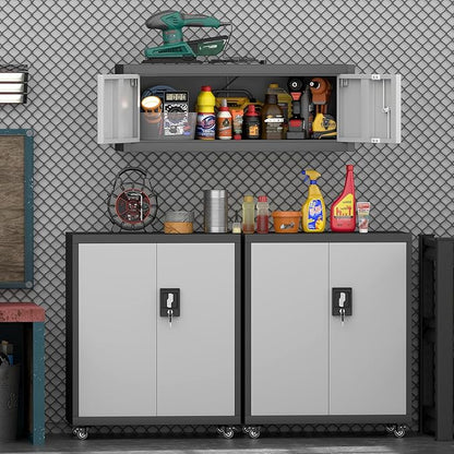 IRONFFICE Metal Wall Cabinet with Doors,Garage Storage Cabinet Wall Mounted,Lockable Cabinets for Home Office,Garage,Warehouse,Grey-Black