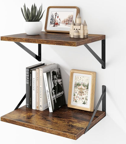 Acovy Deep Floating Shelves Wall Mounted, 16"x12" Brown Wood Shelves with Brackets Set of 2 for Bedroom, Living Room, Bathroom, Kitchen, Office - Storage & Display Shelf for Decor, Books, Plants