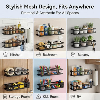 PUSDON 5-in-1 16.5" Extra Long Kitchen Organizer & Shower Caddy Set, Wall Mount Spice Rack with Paper Towel Holder, Utensil Holder & Soap Dish, Rustproof Mesh - Matte Black, Guardrail