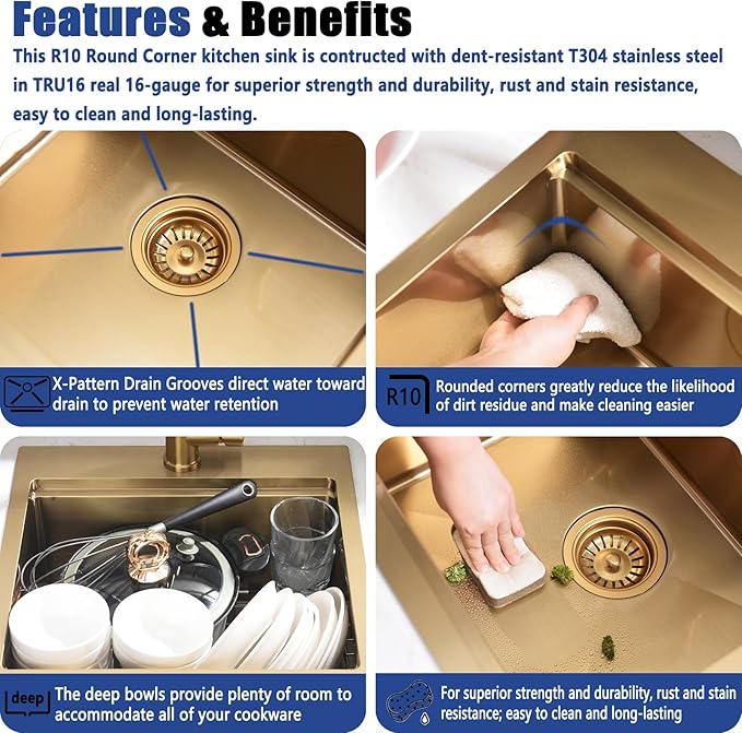 15x17 Gold Drop In Bar Sink with Faucet - 15 Inch Gold Drop In Small Kitchen Sink and Faucet Combo Set, 9 Inch Deep Stainless Steel Bar Sinks Workstation with Accessories