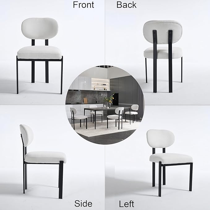 Set of 2 Modern Boucle Dining Chairs, Mid-Century Upholstered Chairs with Black Metal Legs, Ideal for Dining Room, Kitchen Island, Living Room, Bedroom, Home Office, Beige