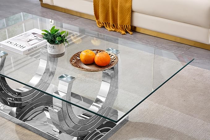 Glass Living Room Table Set of 2, Modern Glass Coffee Table with 1 Console Tables Set for Apartment, Luxury Coffee Table Sets Perfect for Living Room, Stainless Steel Frame