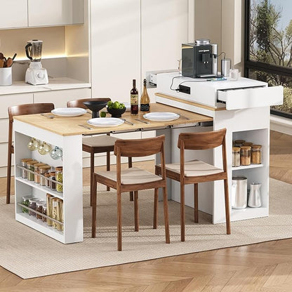 Extendable Dining Table with Folding Tabletop, Bar Table with Drawers and Power Outlet, Rolling Kitchen Island with Wheels and Hooks, Sideboard for Dining Room (Creamy White+Natural)