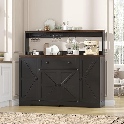 VVFLU Hutch Storage Buffet Cabinet with Drawers, and Charging Station, Coffee Bar Cabinet with Barn Doors, Wine Rack and Hooks, White Wood Sideboard Buffet for Kitchen, Dining Room, 47.8" High