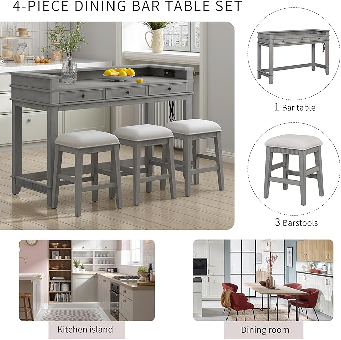 4-Piece Counter High Bar Table Set with Drawers & Charging Station,Counter Height Dining Table Set with Rectangle Table & 3 Upholstered Chairs,Dinette sets for Breakfast Nook,Small Place,Light Grey