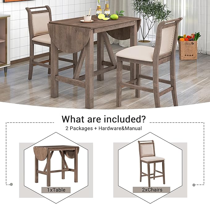 RUNNA Farmhouse 3-Piece Counter Height Dining Table Set with 2 Upholstered Chairs and Extendable Drop Leaf,Wood Kitchen Table for Small Place Use (Brown#A)