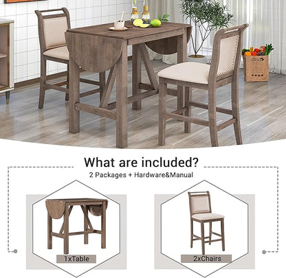 Farmhouse 3 Piece Counter Height Dining Table Set with Drop Leaf Round and 2 Upholstered Dining Chairs, Heavy Solid Wood Kitchen Dining Table Set for Small Place (Brown/Drop Leaf*A)