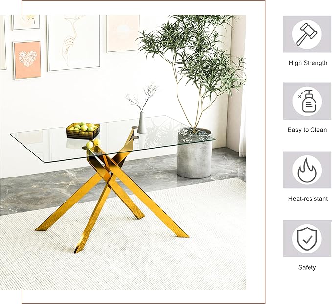 Rectangular Glass Dining Table, Tempered Glass Tabletop and Metal Legs, Modern Style Glass Kitchen Table for Home, Kitchen, Dining Room (Gold, 52'')