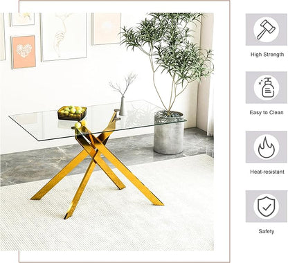 Rectangular Glass Dining Table, Tempered Glass Tabletop and Metal Legs, Modern Style Glass Kitchen Table for Home, Kitchen, Dining Room (Gold, 52'')