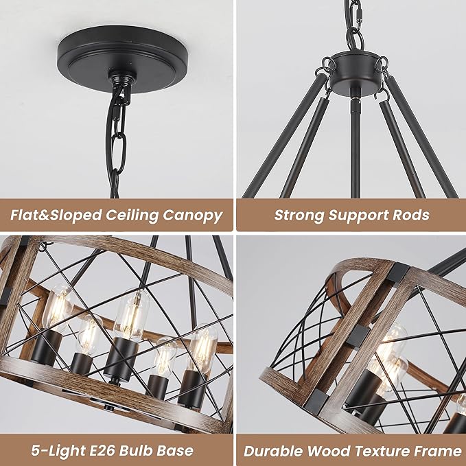 Farmhouse Chandelier, 19.8 inch 5-Light Black Dining Room Lighting Fixtures Rustic Adjustable Hanging Pendant Lighting for Kitchen Island Entryway Foyer Bedroom Hallway