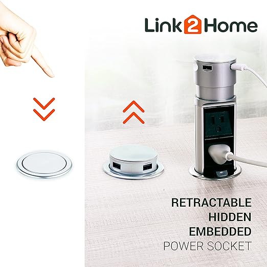 Link2Home Space Saver Pop Up-Outlet, 2 Power Outlets, 2 USB Ports 2.4 Amp, Overload Protection, Splash Resistant EM-PU-200E