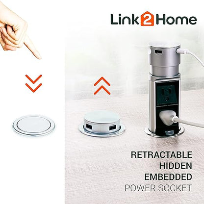 Link2Home Space Saver Pop Up-Outlet, 2 Power Outlets, 2 USB Ports 2.4 Amp, Overload Protection, Splash Resistant EM-PU-200E