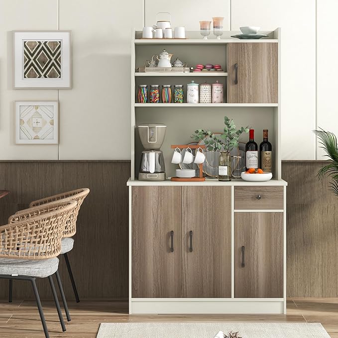 Giantex 71" Buffet Hutch Cabinet with Power Outlet, Kitchen Hutch Sideboard, Buffet Pantry on Island, Wood Kitchenware Server with Drawer, Shelf and Storage Cabinet (White & Walnut)
