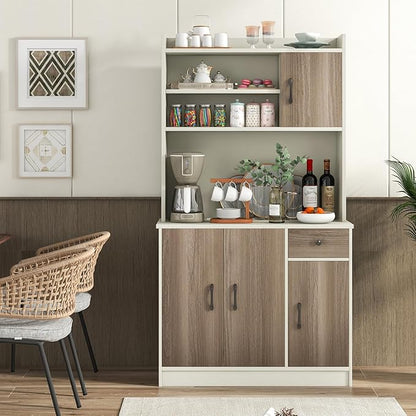 Giantex 71" Buffet Hutch Cabinet with Power Outlet, Kitchen Hutch Sideboard, Buffet Pantry on Island, Wood Kitchenware Server with Drawer, Shelf and Storage Cabinet (White & Walnut)