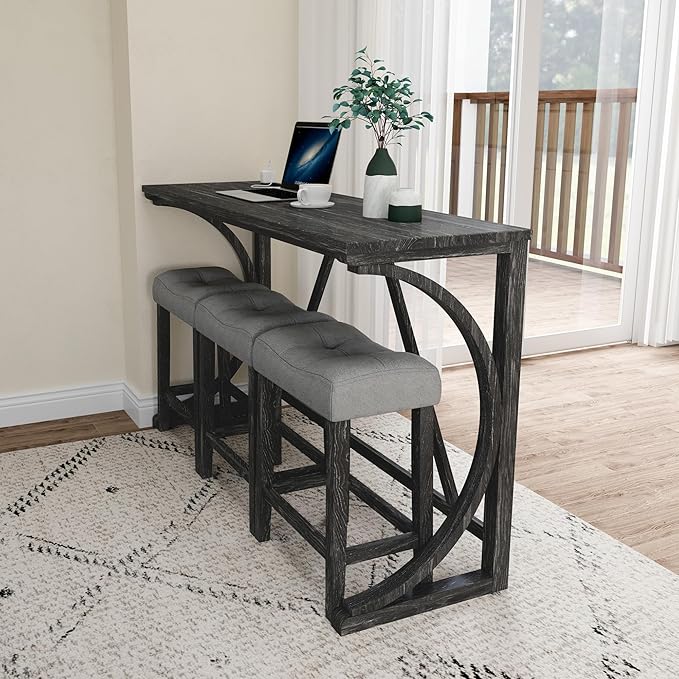 HABITRIO Bar Table and Chairs Set, 4 Piece Kitchen Table Set with Power Outlet, High Top Table with 3 Fabric stools for Small Space, Dining Room, Black