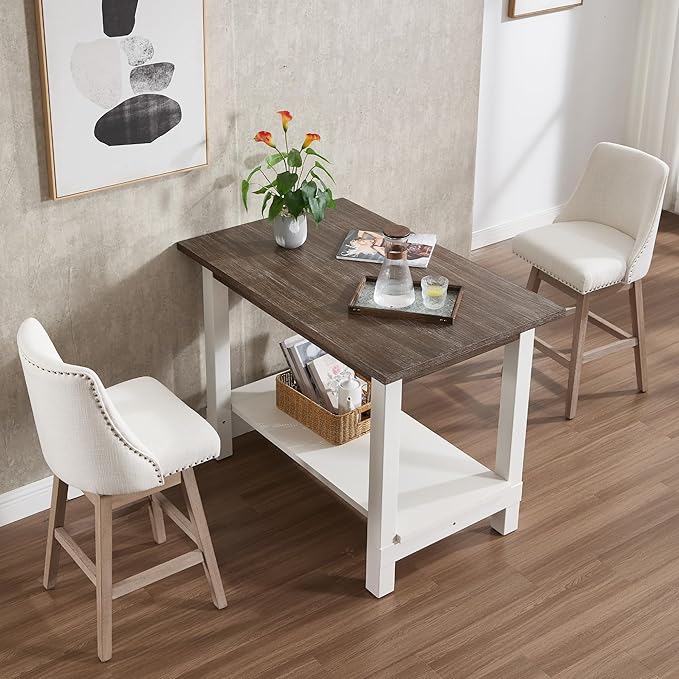 47.25" Dining Table for 2 4 6 Rectangular Solid Wood High Top Table, Rustic Dining Room Table with Open Shelves for Kitchen, Living Room, Home Office, Brown Brush and White