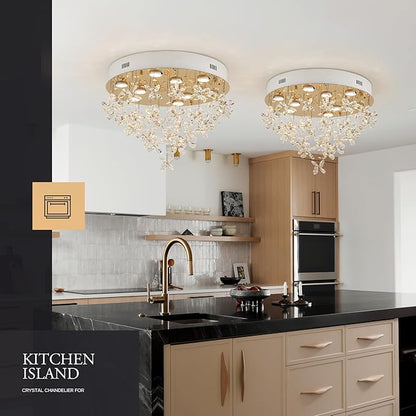 9-Lights Modern Chandelier K9 Crystal Lighting Fixture,20 Inch Round Stainless Steel Flush Mount Ceiling Lights for Bedroom Foyer Hallway Dining Room,GU10 Bulbs Include