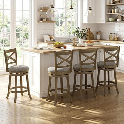 Giantex Wood Swivel Bar Stools Set of 2, 25" Upholstered Counter Height Bar Stools with X Back, Linen Cushioned Seat, Farmhouse Armless Wooden Barstools for Kitchen Island Dining Room, Grey