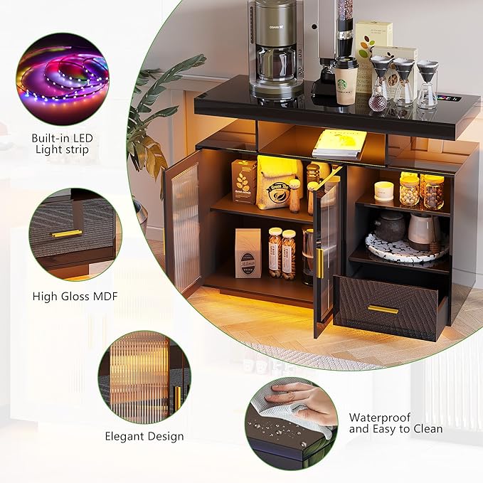 HNEBC LED Sideboard Buffet Cabinet with Charging Station, Smart Bar Cabinet with Auto RGB Lighted, High Gloss Coffee Bar with Drawer/Hutch for Living Room, Dining Room, Home Storager(Black)