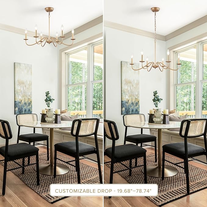 6-Light Gold Chandelier, 27.5'' Modern Farmhouse Dining Room Light Fixture Over Table, Rustic Vintage Candle Chandeliers Gold Hanging Lighting Fixtures for Foyer Entryway Living Room Bedroom Kitchen
