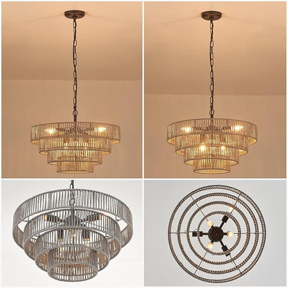 20” Hand-Woven Rattan Chandelier 6-Lights Transitional Minimalist 4 Round Boho Large Coastal Pendant Light for Kitchen Island Dining Room Living Room Hallway, Gray, UL Listed