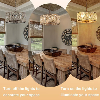 Bronze Vintage Crystal Chandeliers for Dining Room 14.17" Drum Pendant Lights, Dining Room Light Fixtures Over Table, Hanging Chandelier for High Ceiling Kitchen Island Living Room Foyer
