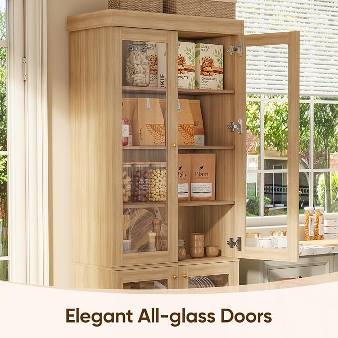 70.8" Farmhouse Kitchen Pantry Cabinet with Glass Doors, Modular Storage Cabinet with 6-Tier Adjustable Shelves, Large Storage Cabinet for Kitchen or Living Room, Set of 2, Brown