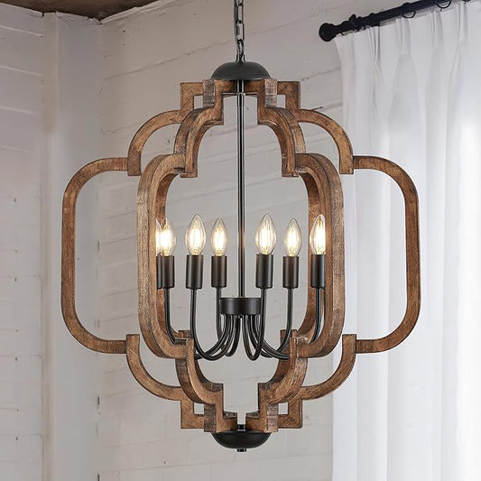 24.6" Farmhouse Vintage Chandelier 8-Light for Dining Room Rustic Handmade Wood Hanging Ceiling Pendant Light Fixture for Entryway Brown Retro Chandeliers for Kitchen Bedroom Foyer Hallway