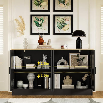 Anystyle 53" Black Buffet Cabinet with Storage, Modern Kitchen Sideboard with 4 Doors & Adjustable Shelves, Entryway Credenza & TV Console Table for Living Room, Dining Room