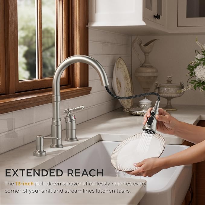 FORIOUS 3 Hole Kitchen Faucet with Soap Dispenser, Brushed Nickel Stainless Steel Vintage Pull Down Sprayer Kitchen Sink Faucet with Single Seperate Handle, Suitable for Farmhouse Outdoor Rv Bar