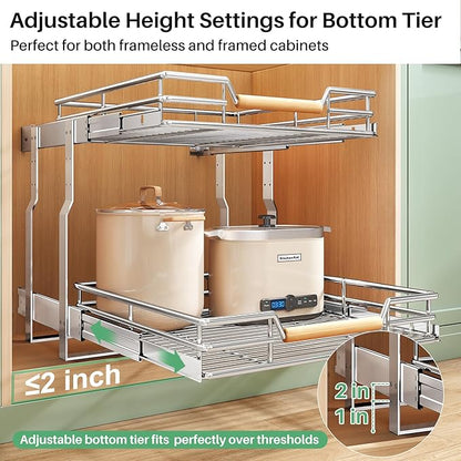 Pull out Cabinet Organizer, 2 Tiers 23"W X 21"D, Heavy Duty Smooth Sliding Under Cabinet Shelves for Pots and Pans, Full-Extension Roll out Drawers, Slide out Organization for Home Kitchen Pantry