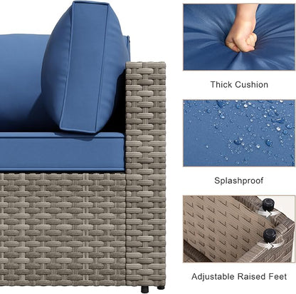 JAMFLY 7-Piece Outdoor Patio Furniture Set, Modular PE Rattan Sectional Sofa with Thick Cushions & Glass Coffee Table for Poolside, Balcony, Garden(Blue Cushion)