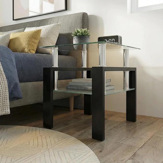 IANIYA Modern Glass Side Table, 2-Tier End Table with Tempered Glass Top & Metal Legs, Night Stand Corner Small Table for Living Room, Bedroom, Small Space