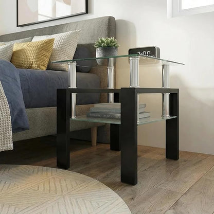 IANIYA Modern Glass Side Table, 2-Tier End Table with Tempered Glass Top & Metal Legs, Night Stand Corner Small Table for Living Room, Bedroom, Small Space