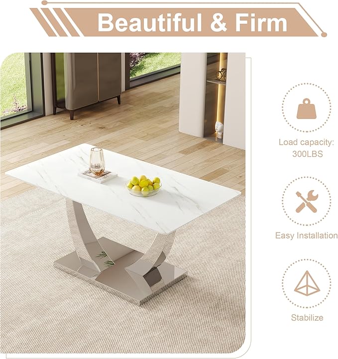 AZmac 63'' White Dining Table, Faux Marble Dining Room Table for 4-6, Tempered Glass Dinner Table with Silver Chrome U Shaped Legs for Kitchen Dining Room