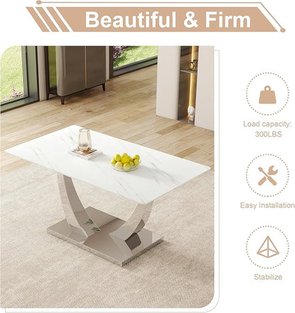 AZmac 63'' White Dining Table, Faux Marble Dining Room Table for 4-6, Tempered Glass Dinner Table with Silver Chrome U Shaped Legs for Kitchen Dining Room