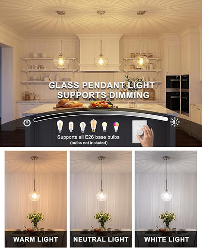 2-Pack Glass Pendant Lights Kitchen Island, 7" Modern Brushed Nickel Pendant Lighting Small Hanging Light Fixtures for Kitchen, Dining Room, Bathroom, Bedroom