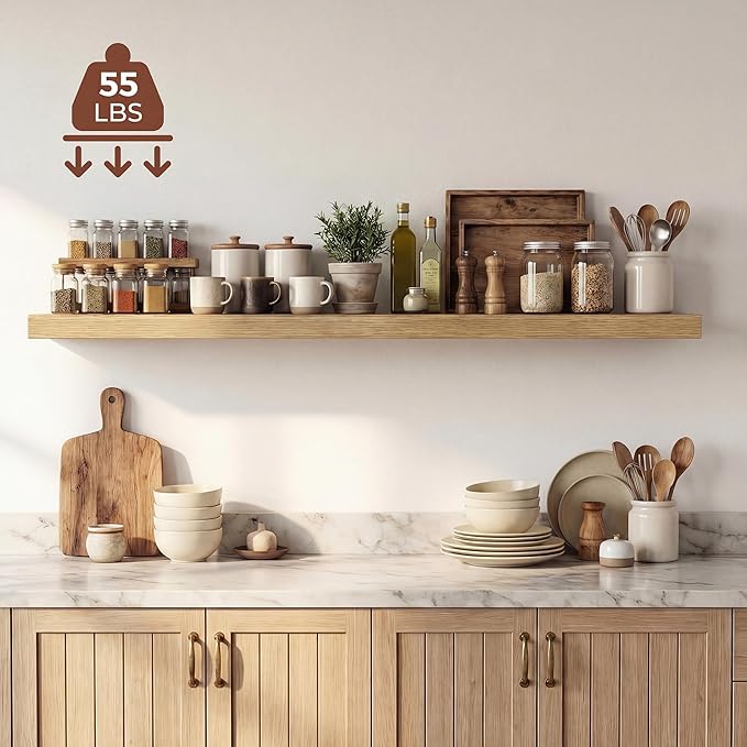 Dreamland 48 Inches Floating Shelves for Wall, 9.3" Deep Long Floating Shelves Set of 1, Large Display & Storage Shelf, Wall Shelf for Bathroom Bedroom Living Room Kitchen Office, Oak