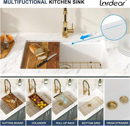 Lordear 30 Inch White Kitchen Sink Granite Composite Undermount Kitchen Sink Workstation 30x19 White Quartz Sinks Under Counter Single Bowl with Classic Gold Accessories
