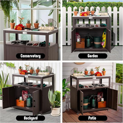 Feasto Garden Potting Bench with Storage, Outdoor Potting Table & Garden Work Bench for Plants, Horticulture, Outdoor Potting Station with Stainless Steel Tabletop, Outdoor Work Table