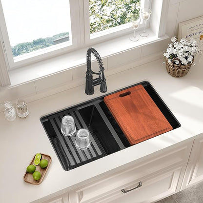 LQS Black Stainless Steel Kitchen Sink, 30 Inch Undermount Kitchen Sink, 50/50 Black Undermount Kitchen Sink with 10” Depth, X-Shaped Drain Line, Dual Mount Design and Round Corner