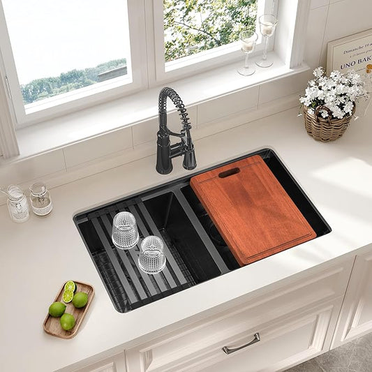LQS Black Stainless Steel Kitchen Sink, 30 Inch Undermount Kitchen Sink, 50/50 Black Undermount Kitchen Sink with 10” Depth, X-Shaped Drain Line, Dual Mount Design and Round Corner