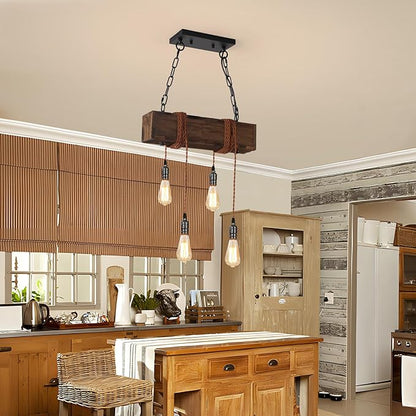 KEESFU 4-Lights Farmhouse Pendant Lights Kitchen Island, Rustic Wooden Ceiling Hanging Light, Height Adjustable, Dining Room Chandelier for Kitchen Island Dining Room Bar Pool Table Cabin.