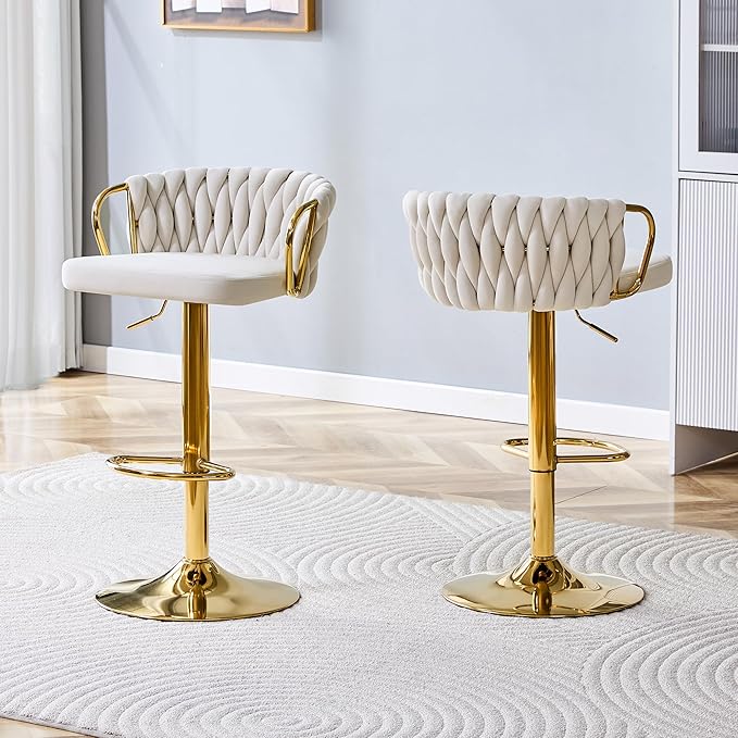 Velvet Bar Stools Set of 2, Woven Height Adjustable Swivel Barstools, Hydraulic Kitchen Counter Height Bar Chairs with Armrest and Back for Kitchen, Dining Room