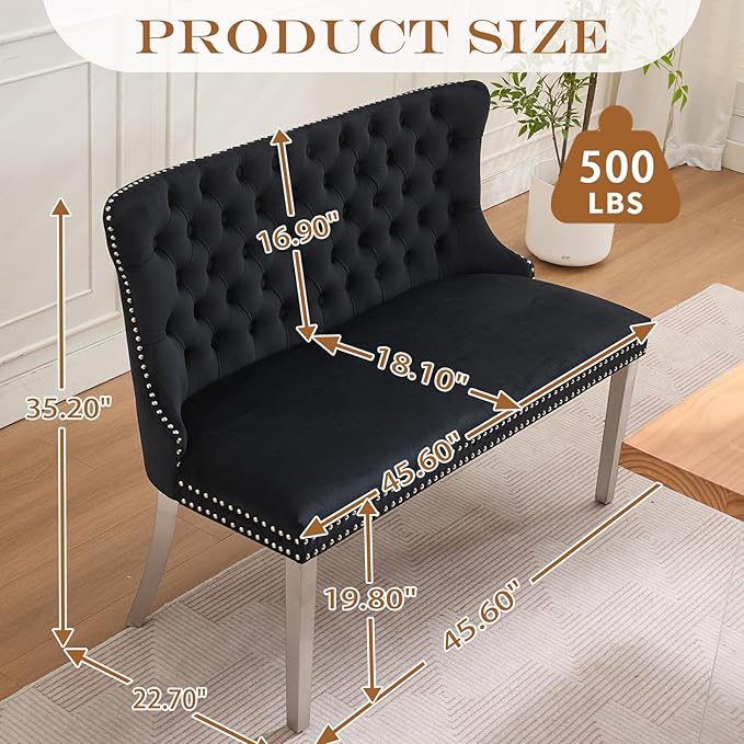 45.6in Upholstered Dining Bench, Mid-Century Modern Kitchen Room Bench with Tufted Back and Metal Legs, Velvet Small Sofa Couch Bench, Black
