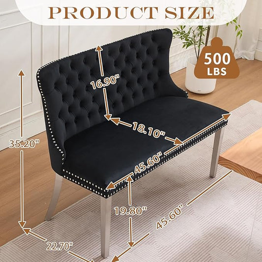 45.6in Upholstered Dining Bench, Mid-Century Modern Kitchen Room Bench with Tufted Back and Metal Legs, Velvet Small Sofa Couch Bench, Black